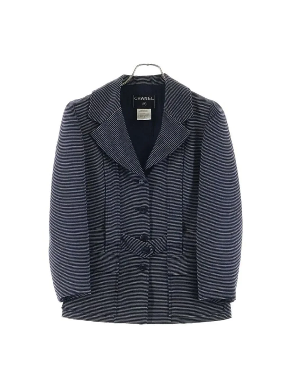 Chanel Jacket Border Camellia Wool Silk Navy